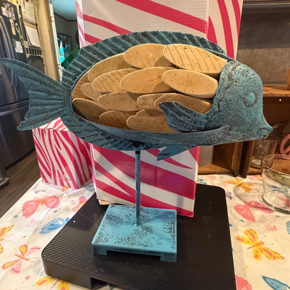 Pink Zebra Rustic Metal and Wood Tropical Fish Figurine Teal Distressed Coastal